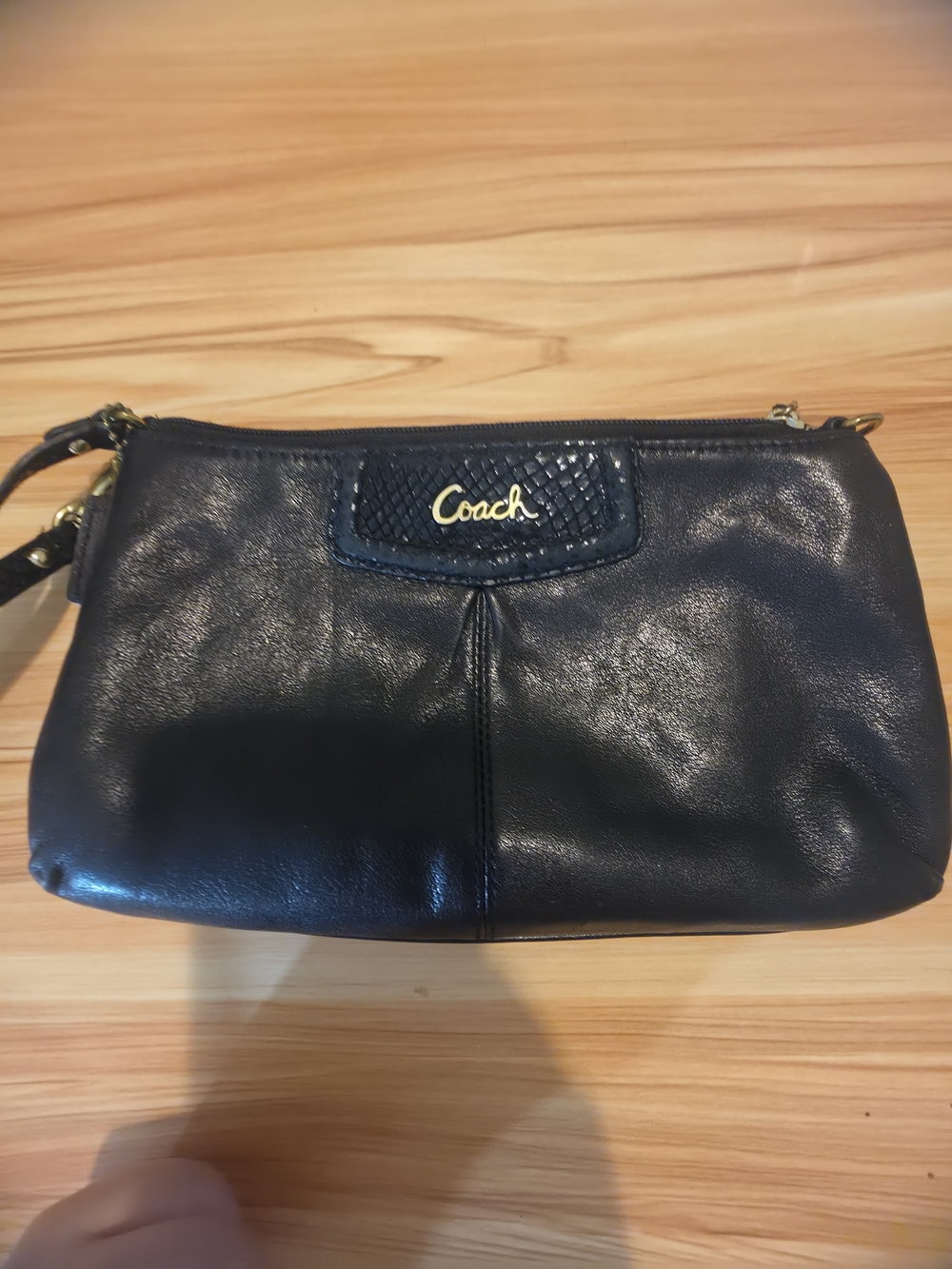 Coach Black Leather Wristlet with Gold Logo